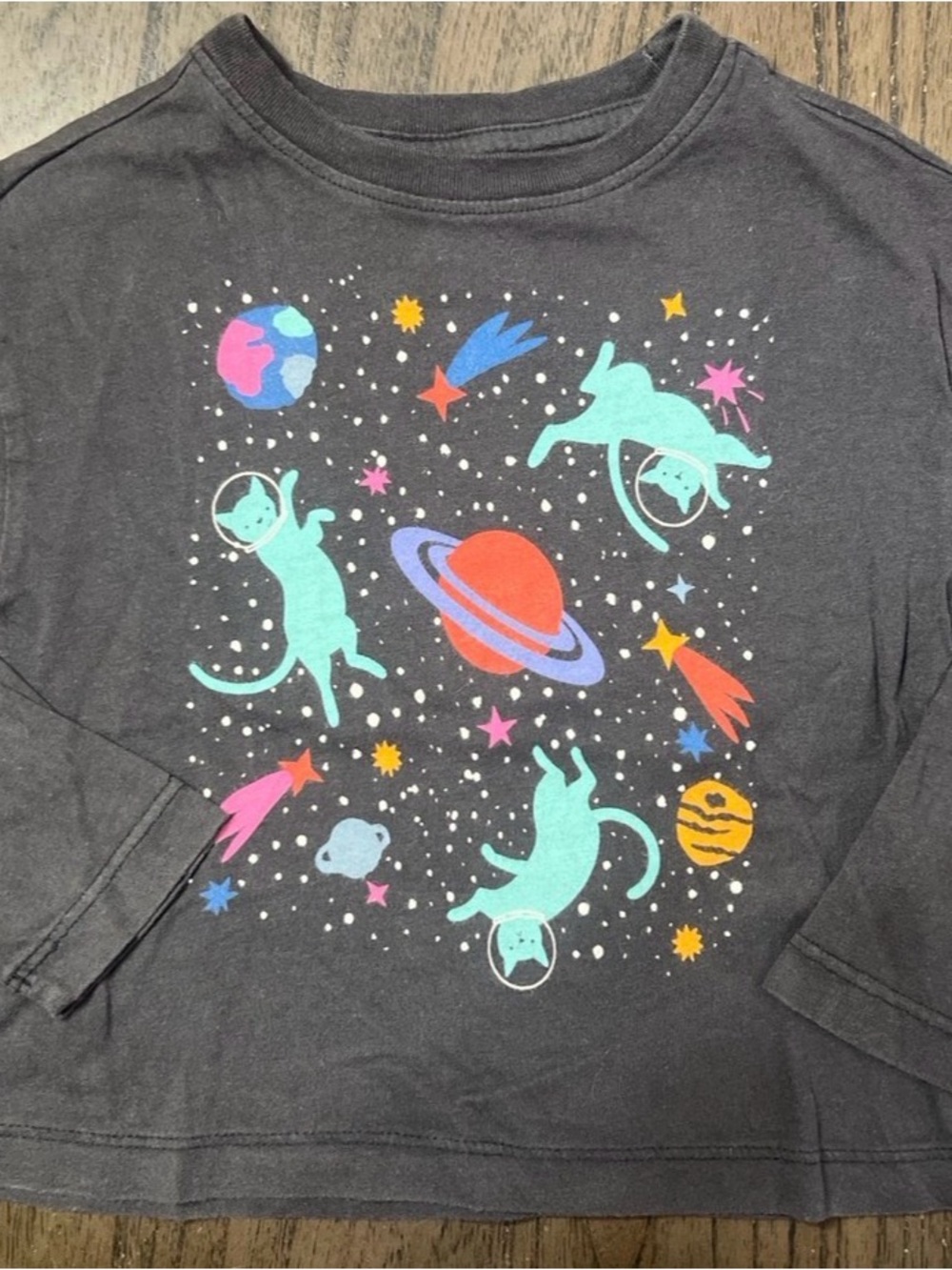 Hanna Andersson Black Long Sleeve Tee with Teal Cats & Multicolor Space Print